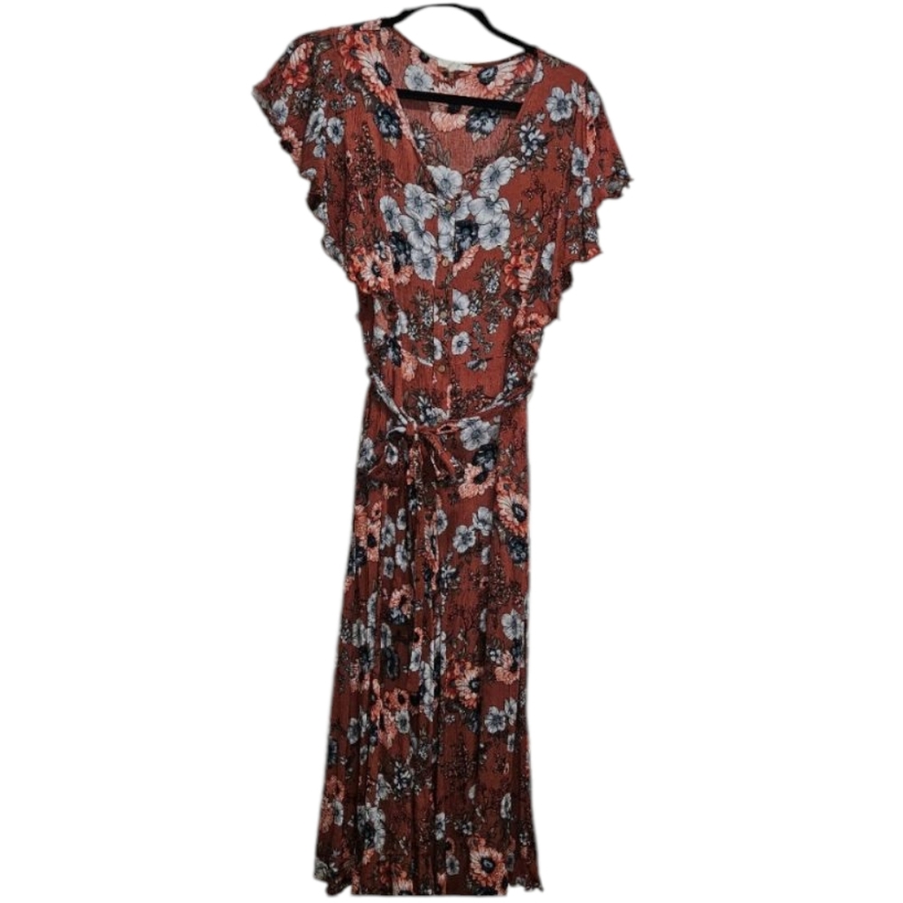 Womens Romper Size Medium Flutter Sleeve Floral Easel Boutique Rust Orange